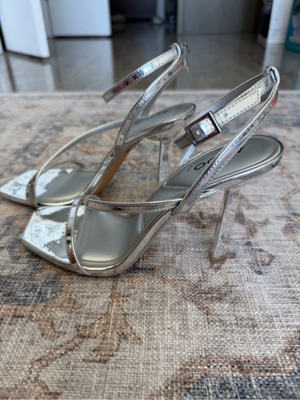 Aldo Silver Metallic Strappy Clear-Heel Sandals